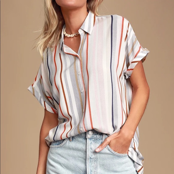 Lulus Tops - Lulu's White Striped Button-Down Shirt with Rust, Navy & Gray Stripes